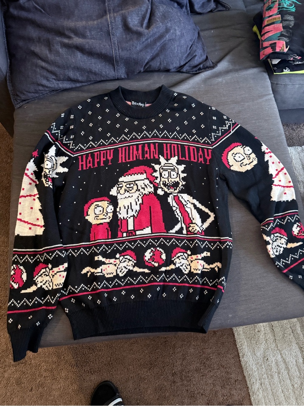 Rick and Morty Happy Human Holiday Black Crewneck Sweater